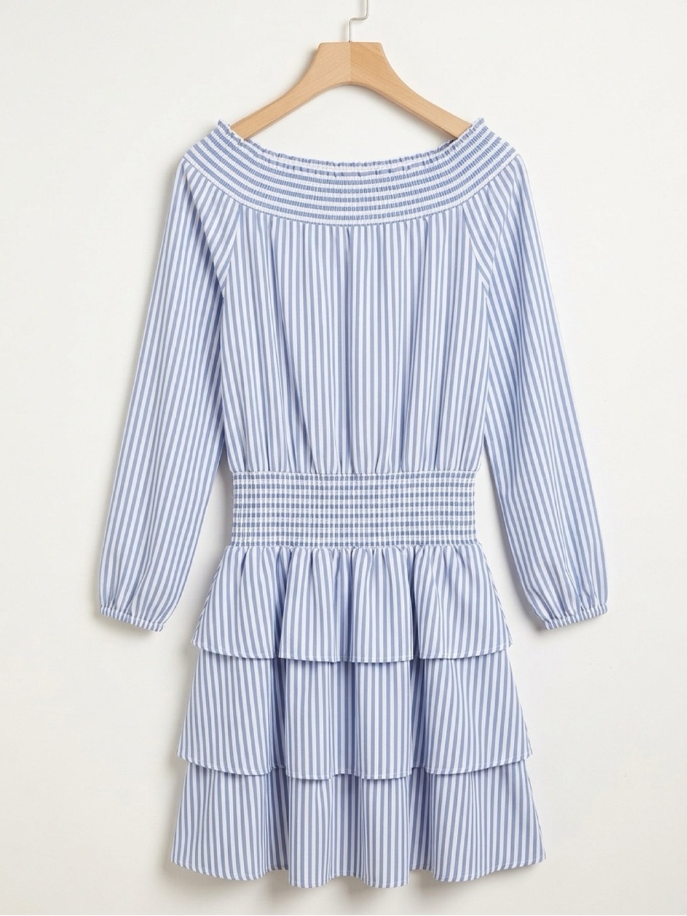 Michael Kors Light Blue & White Striped Off-Shoulder Tiered Midi Dress